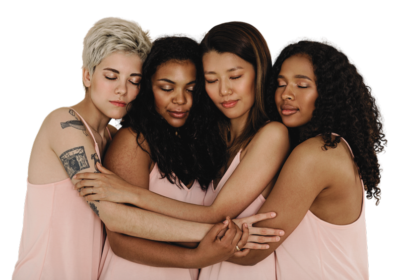 Four women holding each other, eyes closed